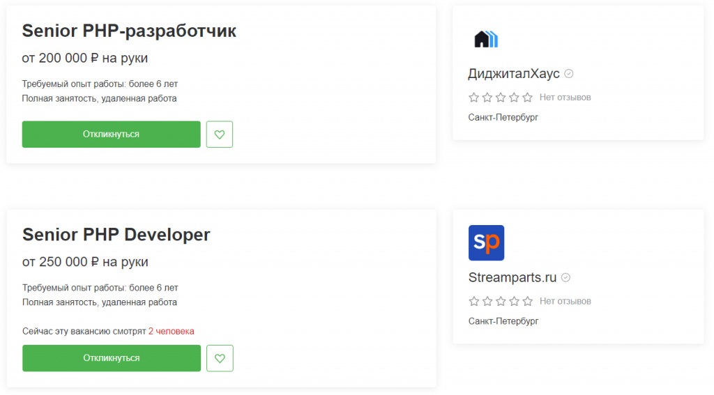 Зарплата PHP-разработчика уровня Senior Санкт-Петербург